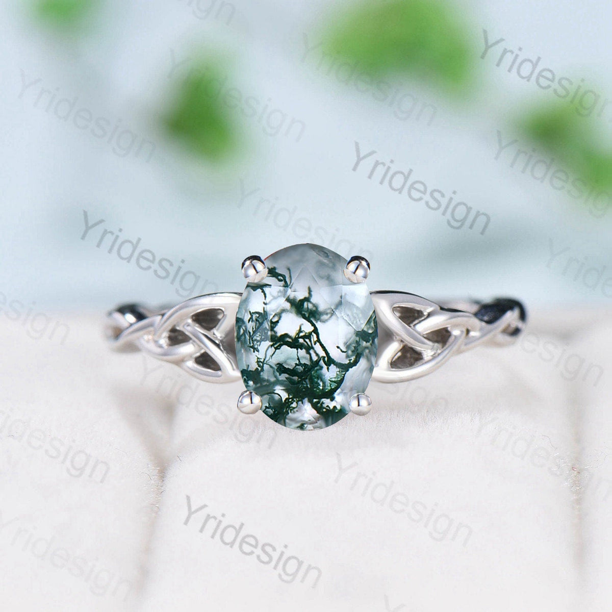 Moss Agate Ring, 925 Sterling Silver Celtic Knot, Pear Cut