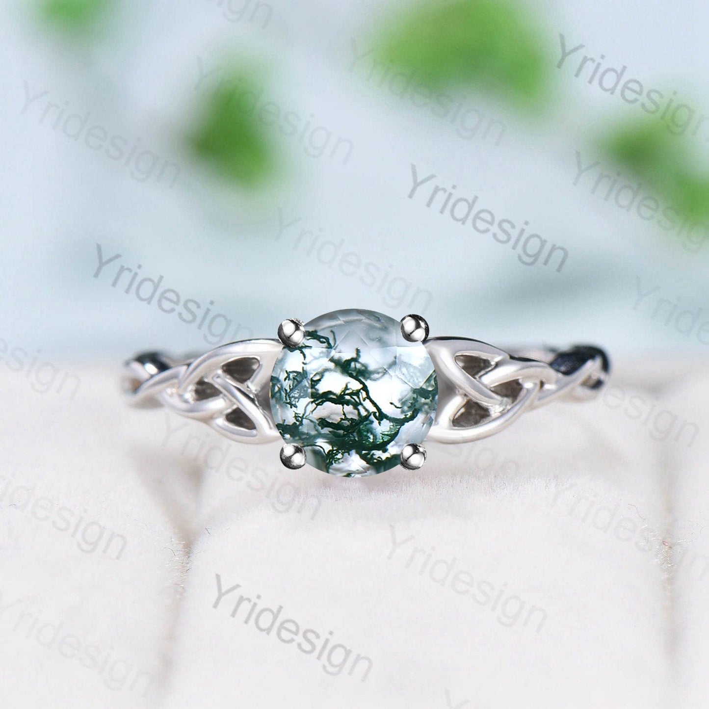 Moss Agate Ring, 925 Sterling Silver Celtic Knot, Pear Cut
