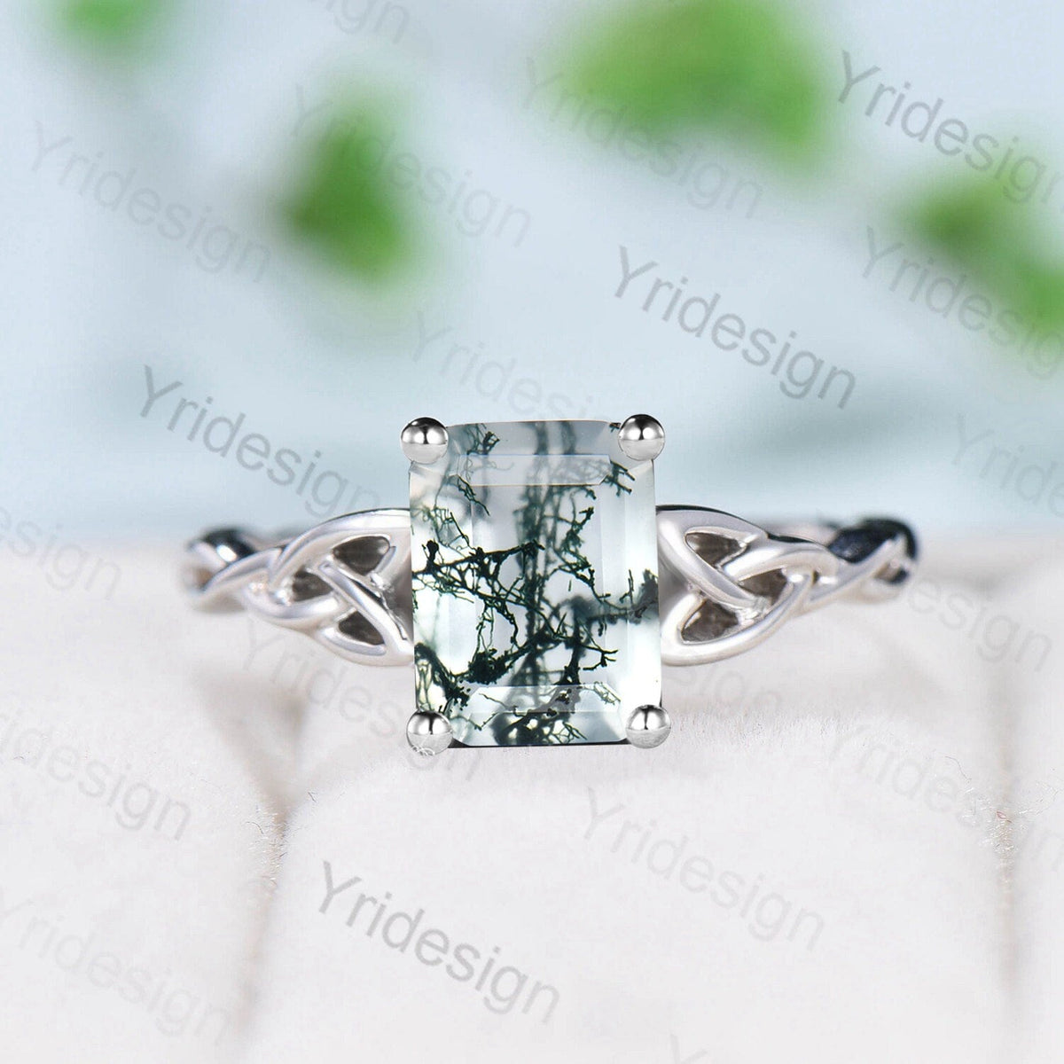 Moss Agate Ring, 925 Sterling Silver Celtic Knot, Pear Cut