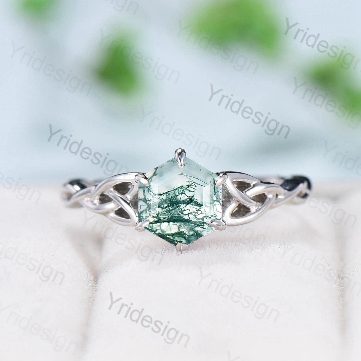 Moss Agate Ring, 925 Sterling Silver Celtic Knot, Pear Cut