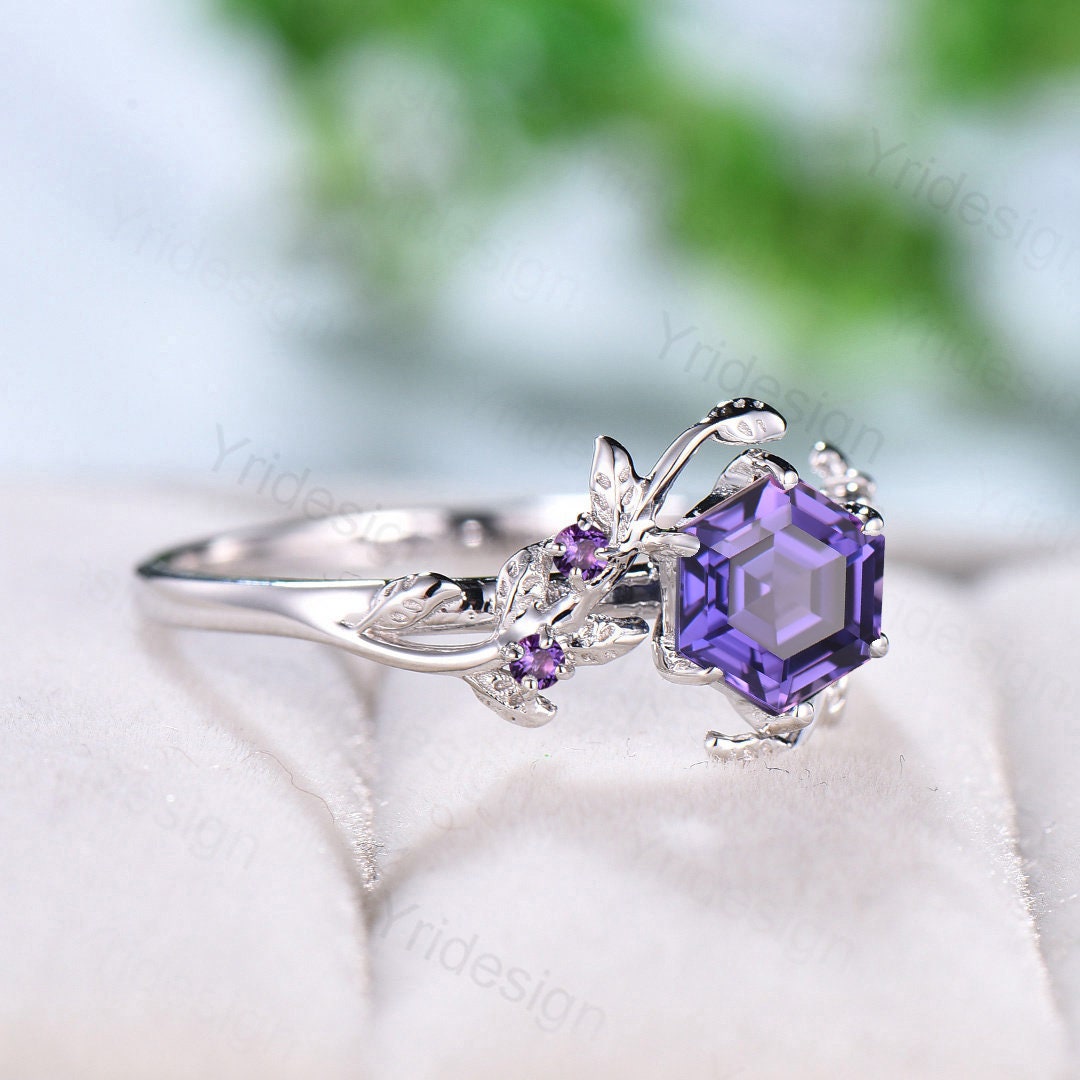 Elegant Purple Sapphire Ring Vintage Unique Twig Engagement Ring Leaf Cluster Amethyst Wedding Women Natural inspired Branch Proposal Gift