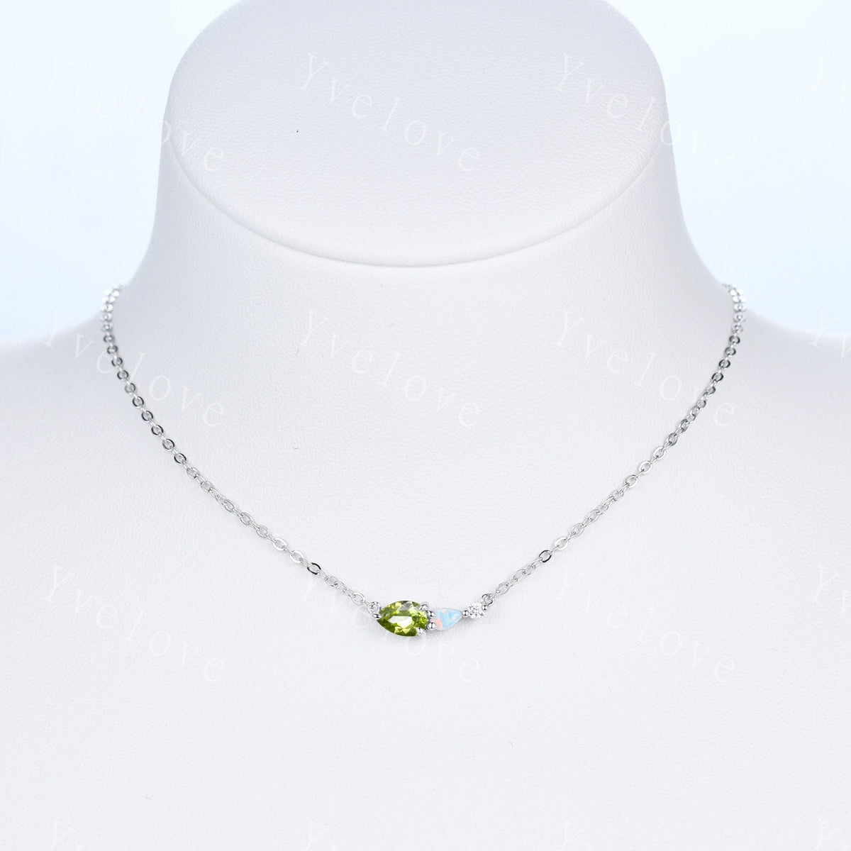 Unique Peridot Opal Necklace,Pear Cut Gems,Art Deco Moissanite Diamond Delicate Dainty Necklace,3 Stone Unique Women Bridal Gift,Silver