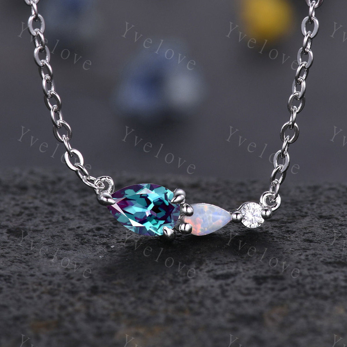 Unique Peridot Opal Necklace,Pear Cut Gems,Art Deco Moissanite Diamond Delicate Dainty Necklace,3 Stone Unique Women Bridal Gift,Silver