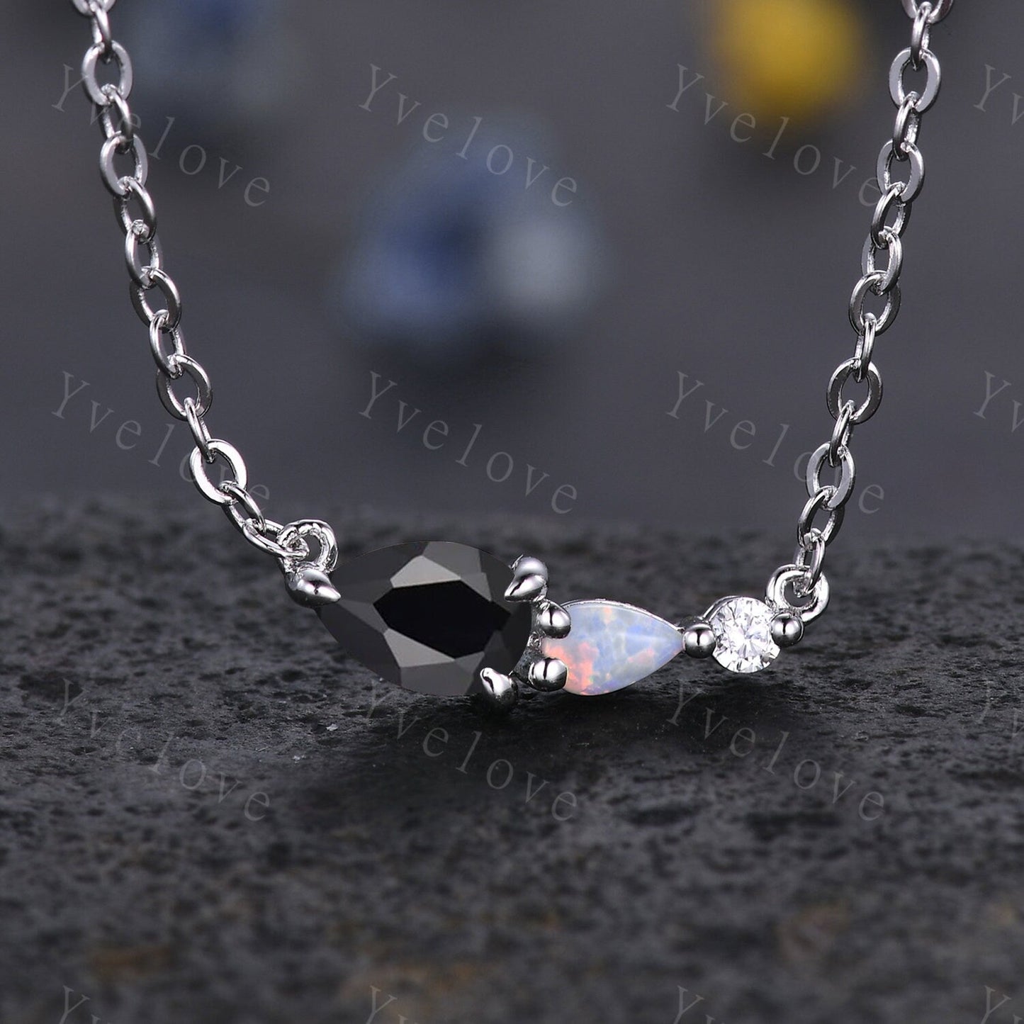 Unique Peridot Opal Necklace,Pear Cut Gems,Art Deco Moissanite Diamond Delicate Dainty Necklace,3 Stone Unique Women Bridal Gift,Silver