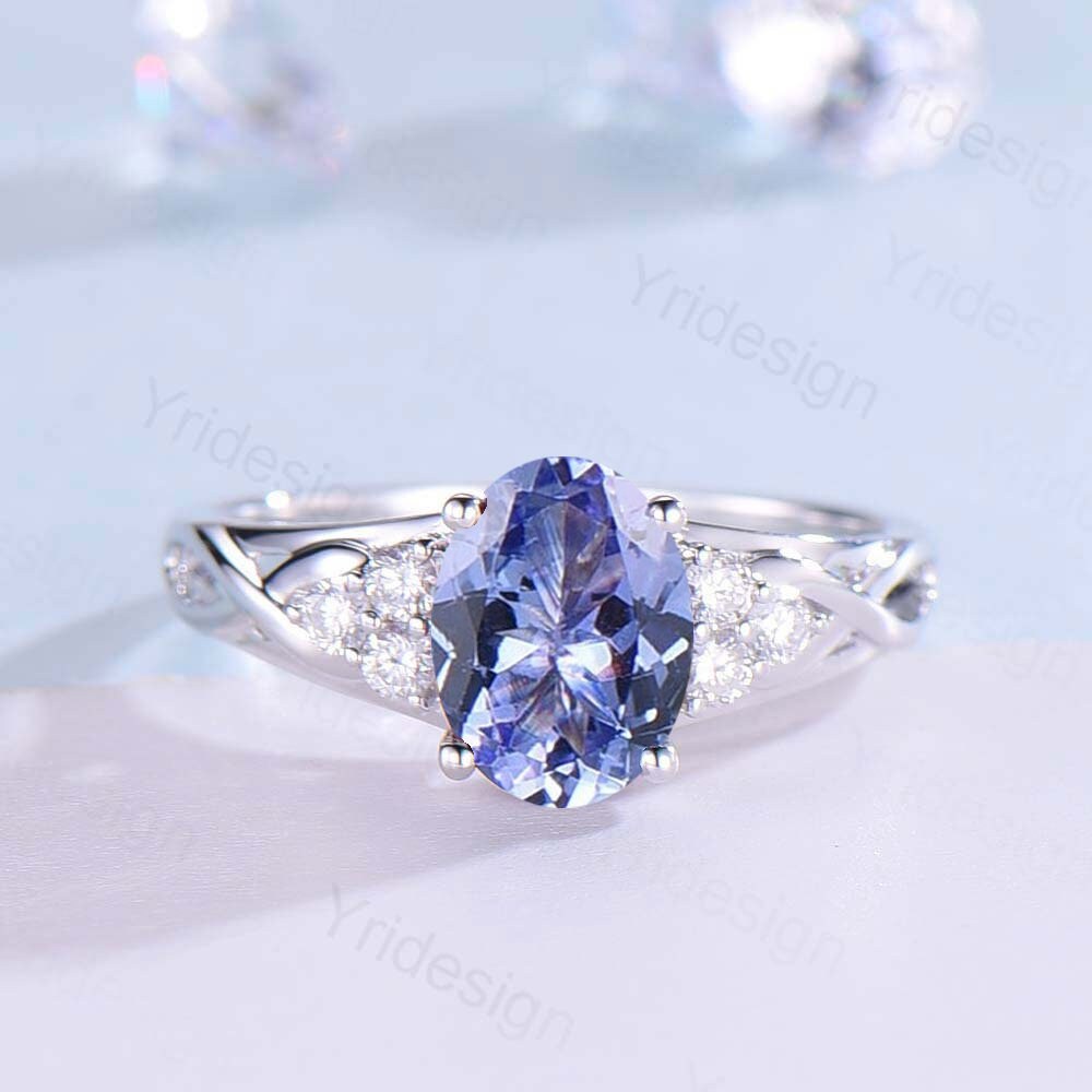 Celtic Love Natural Blue Tanzanite Engagement Ring Solid 14K/18K White Gold Vintage Cluster Diamond Wedding Ring Women Anniversary Gift