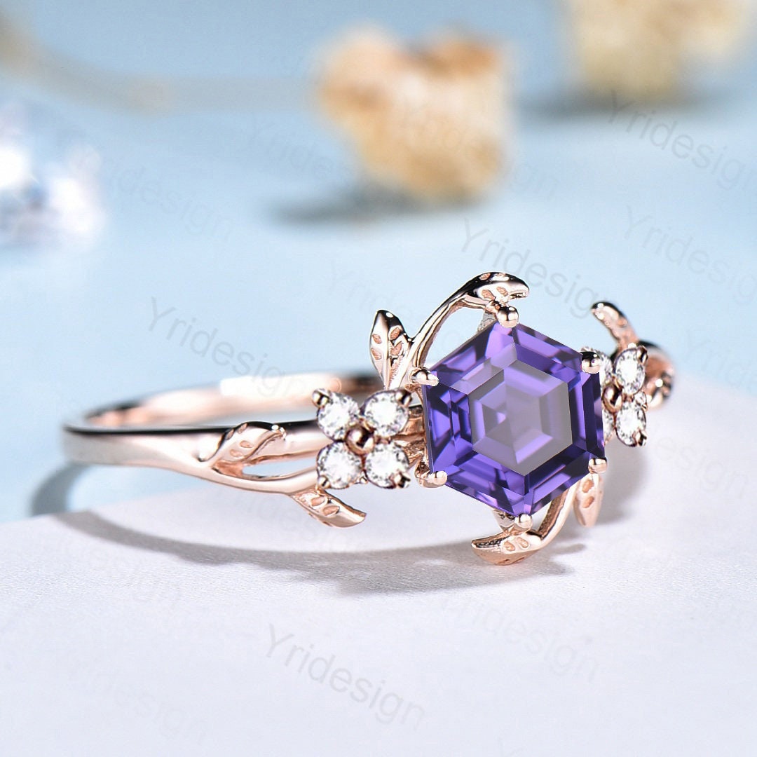 Hexagon Cut Lab Purple Sapphire Ring - Nature Inspired Leaf Vine Band