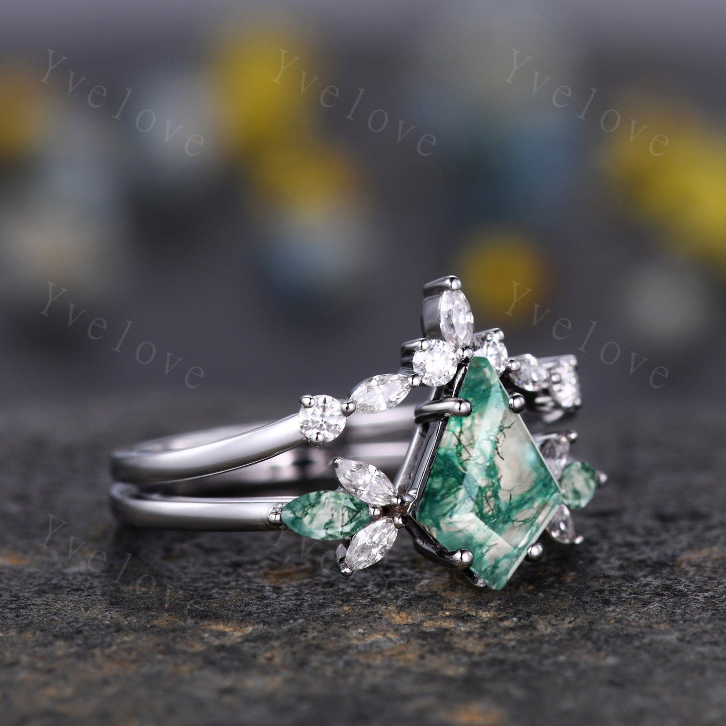 Vintage Kite Shaped Moss agate Engagement Ring Set,Unique Bridal Ring Set,Marquise Green Agate Moissanite White Gold Anniversary Ring Gift