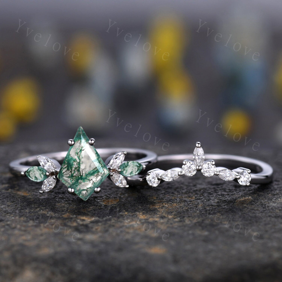 Vintage Kite Shaped Moss agate Engagement Ring Set,Unique Bridal Ring Set,Marquise Green Agate Moissanite White Gold Anniversary Ring Gift