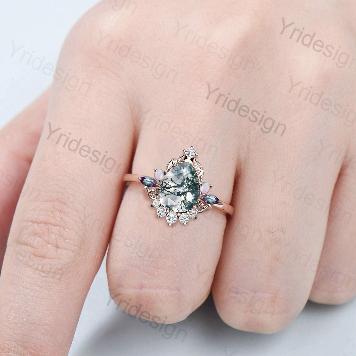 Unique Pear Shaped Moss Agate Ring Vintage  Alternative Alexandrite Opal Wedding Ring For Women Nature Inspired Cluster Leaves Promise Ring