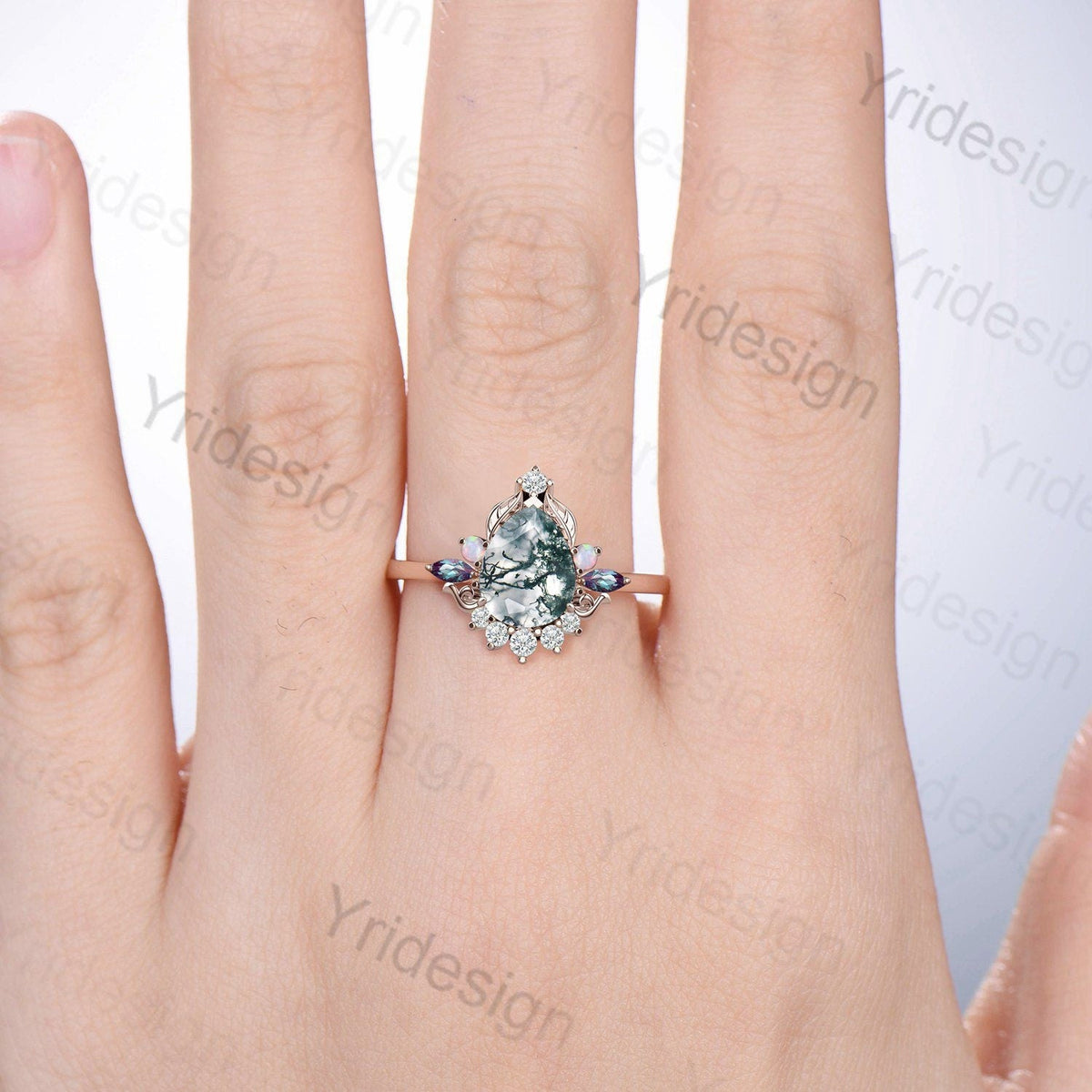 Unique Pear Shaped Moss Agate Ring Vintage  Alternative Alexandrite Opal Wedding Ring For Women Nature Inspired Cluster Leaves Promise Ring