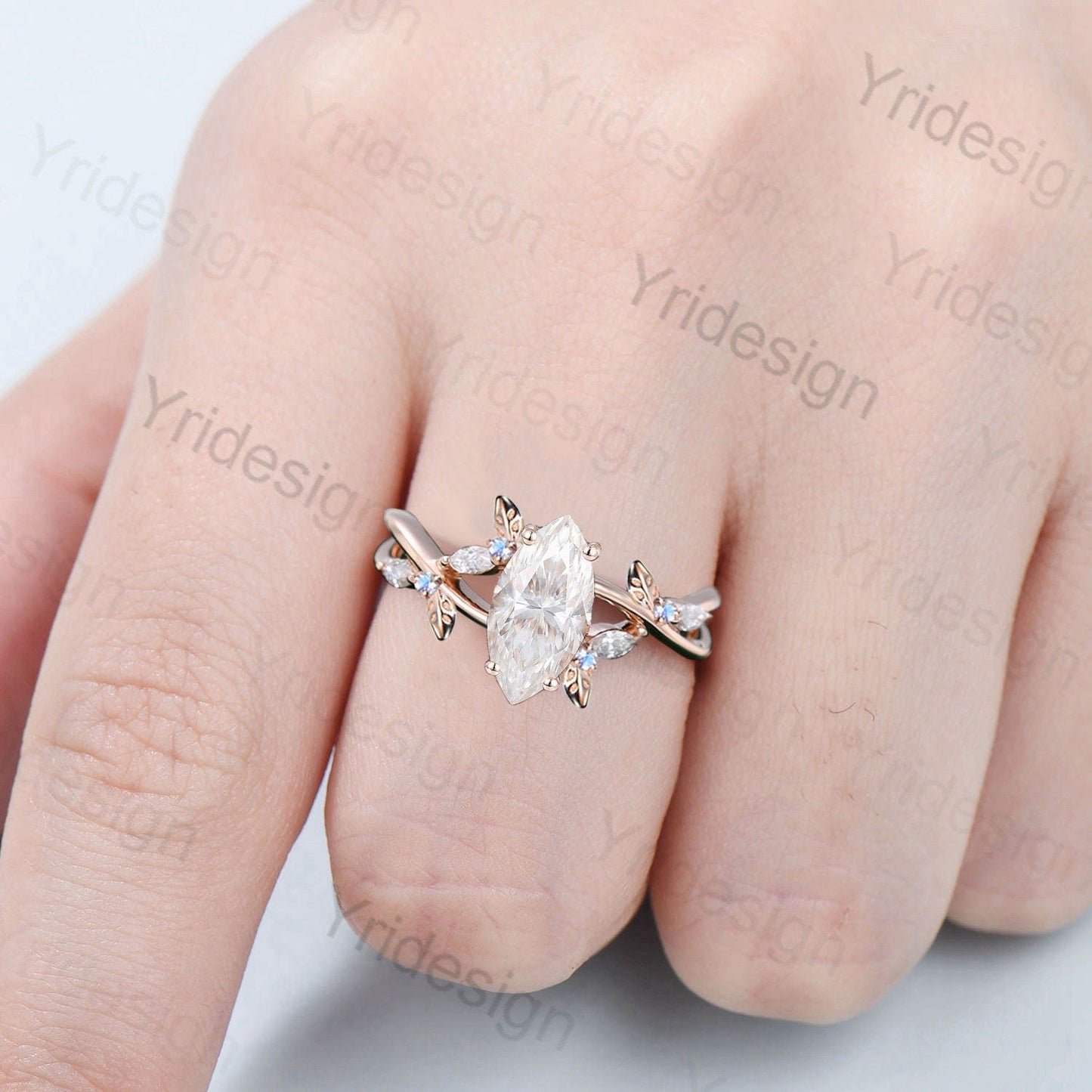 Natural Inspired Marquise Moissanite Ring Unique Leaves Branch Moissanite Engagement Ring Cluster Moonstone Split Shank Twig Wedding Ring