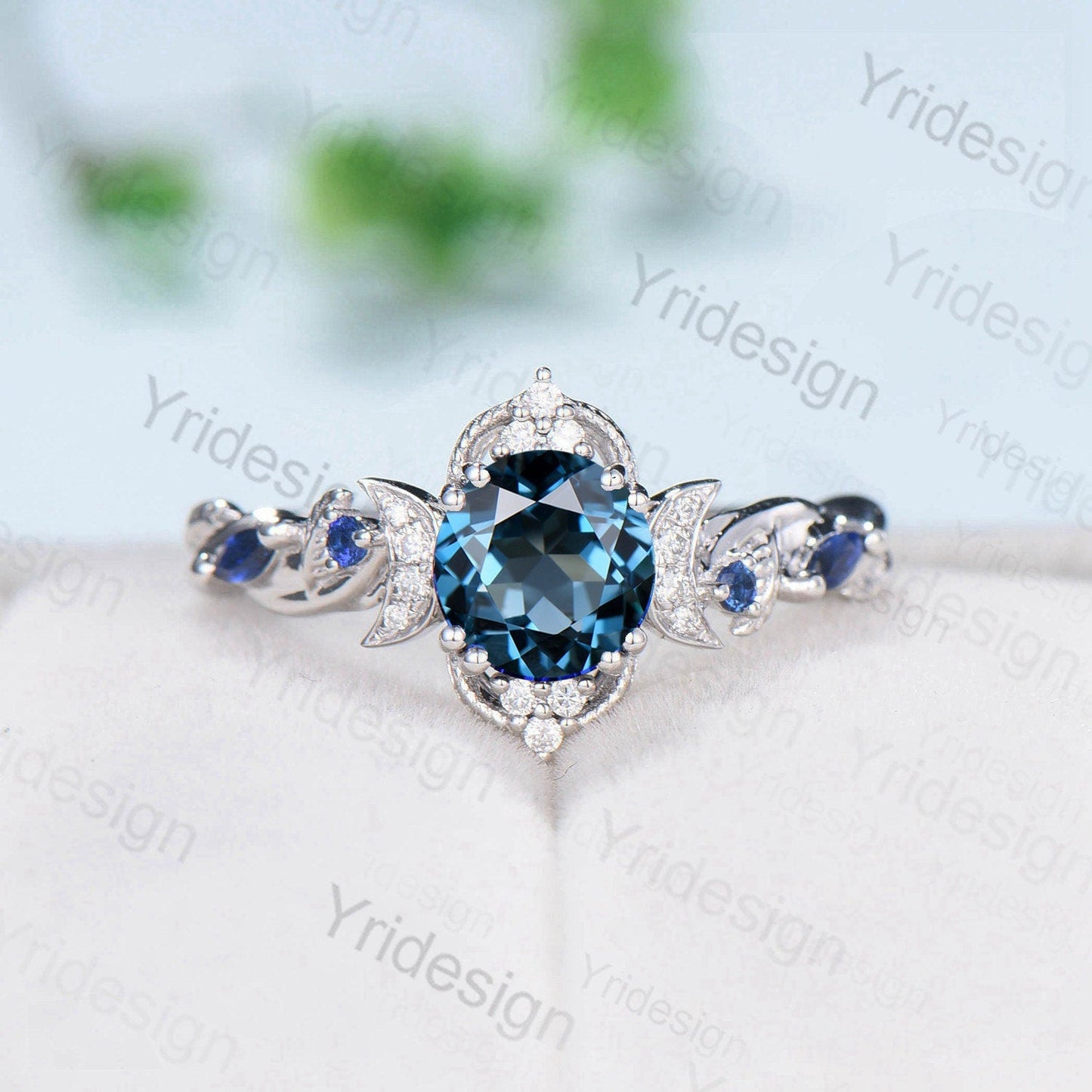 Crescent Moon London Blue Topaz Engagement Ring Set Unique Nature Inspired Wedding Ring Art Deco Open Gap Sapphire Bridal Ring Set for Women