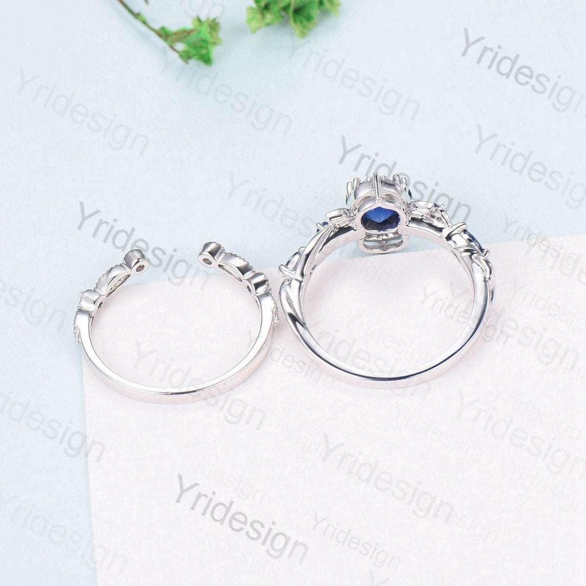 Crescent Moon London Blue Topaz Engagement Ring Set Unique Nature Inspired Wedding Ring Art Deco Open Gap Sapphire Bridal Ring Set for Women