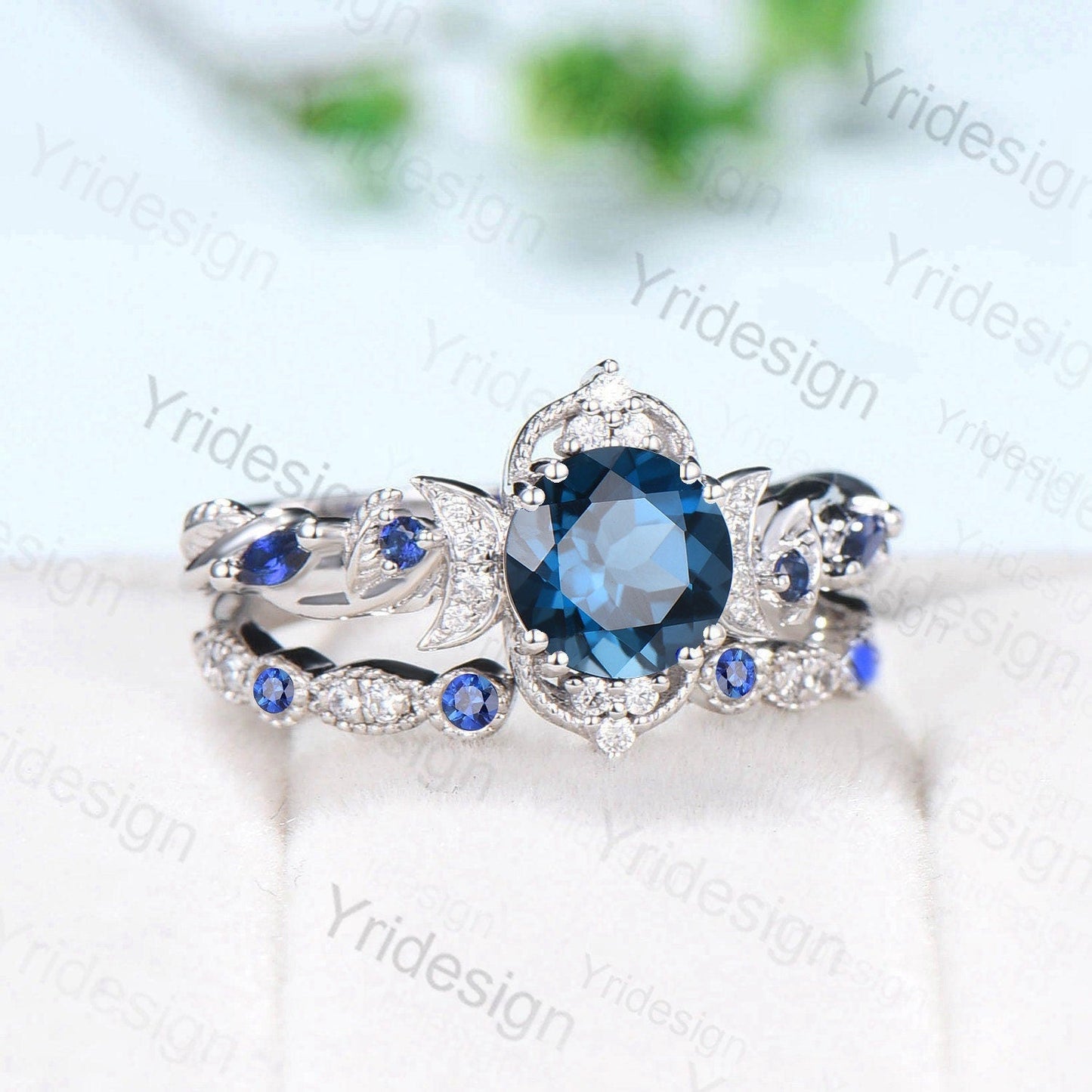 Crescent Moon London Blue Topaz Engagement Ring Set Unique Nature Inspired Wedding Ring Art Deco Open Gap Sapphire Bridal Ring Set for Women