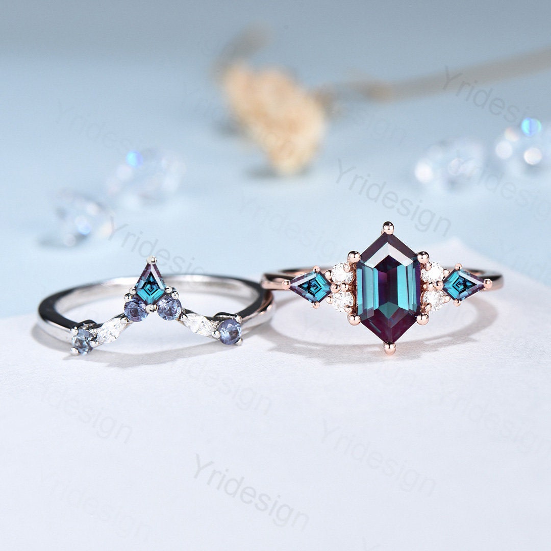 Vintage Hexagon Alexandrite Ring Set, Kite Accent, Rose Gold Anniversary