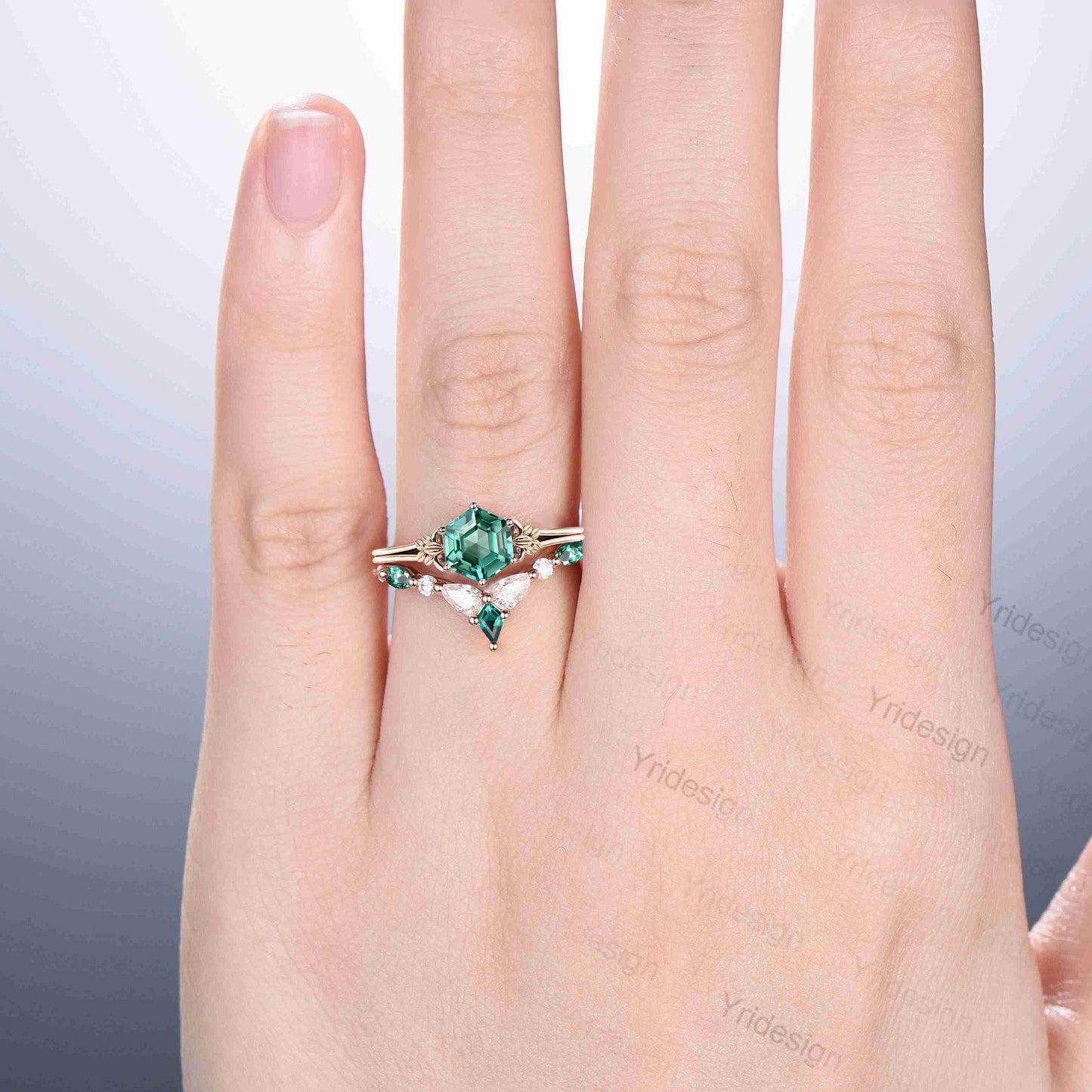Art Deco Leaf Green Sapphire Ring Set, Emerald Moissanite Wedding
