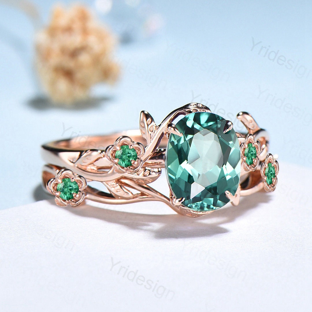 Floral Green Sapphire Ring Set, Vintage Twig Leaf Engagement Ring