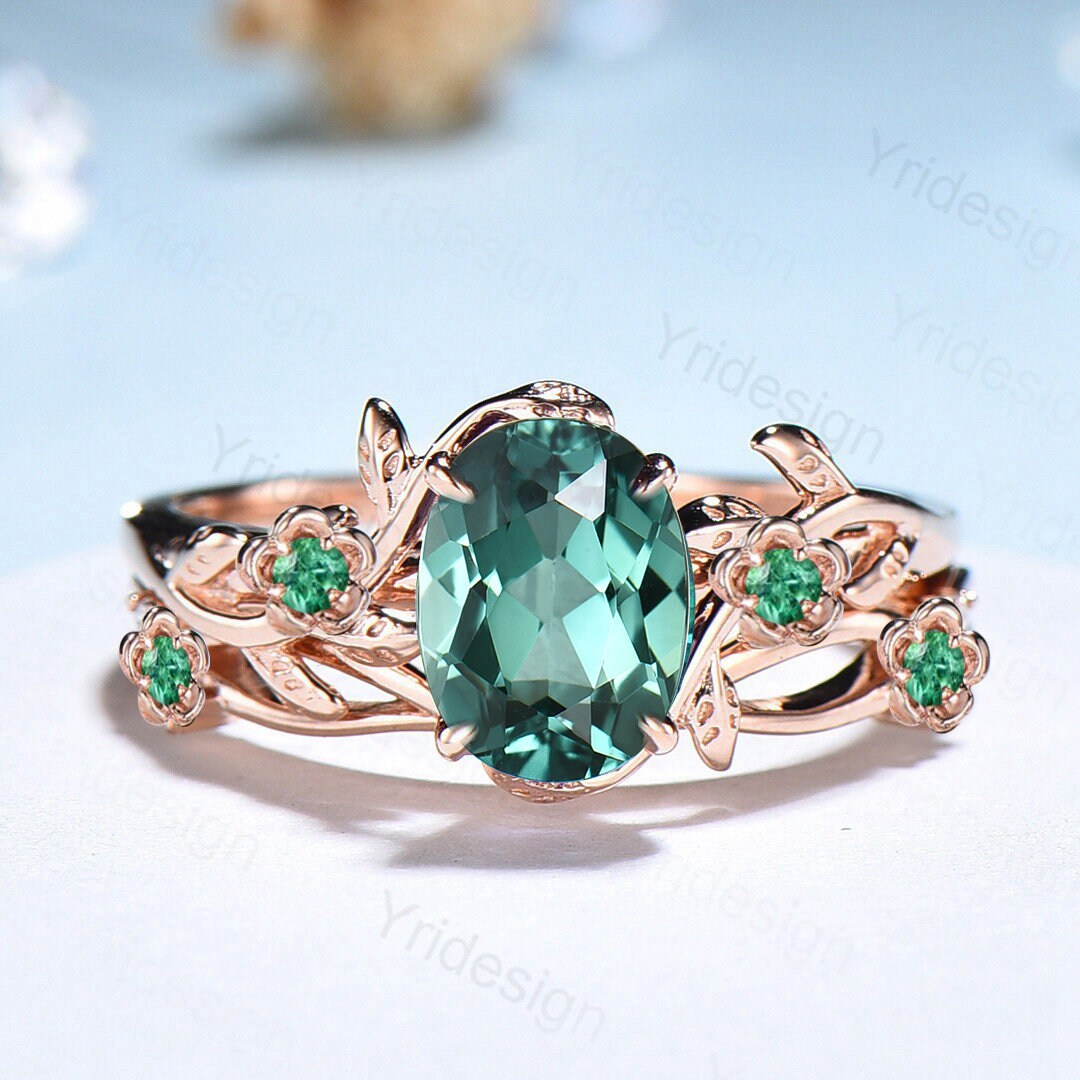 Floral Green Sapphire Ring Set, Vintage Twig Leaf Engagement Ring