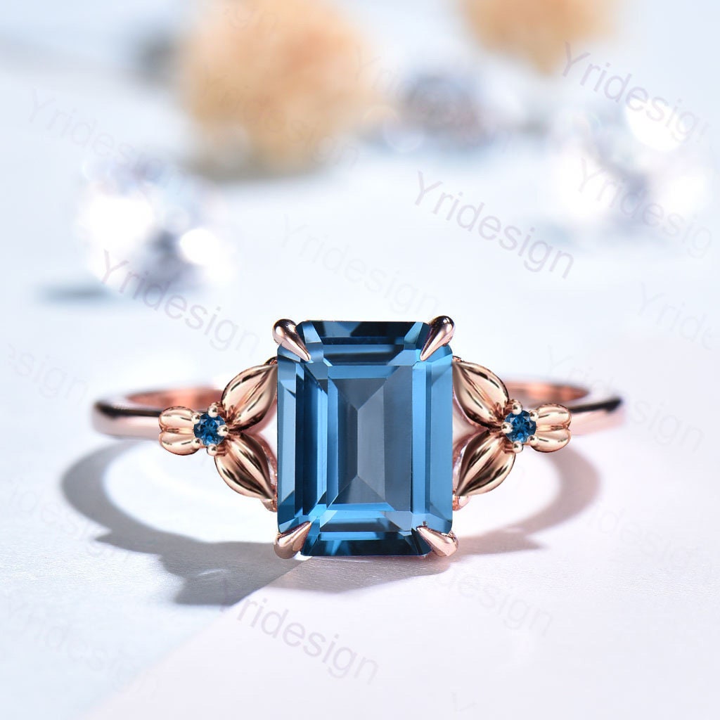Vintage Emerald Cut London Blue Topaz Ring Unique Nature Inspired Engagement Ring Leaves Flower wedding Band Ring For Women Anniversary Gift