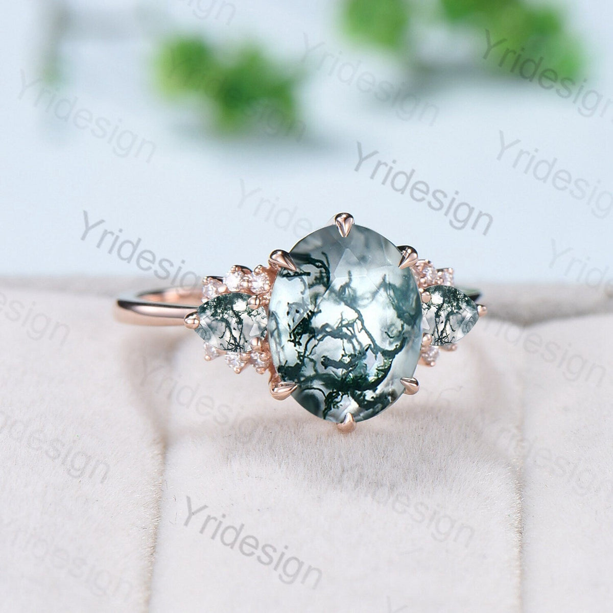 8x10mm Big Moss Agate Engagement Ring Cluster Pear Green Agate Wedding Ring Vintage 6 Prongs Art Deco Moissanite Band Aquatic Stone Jewelry