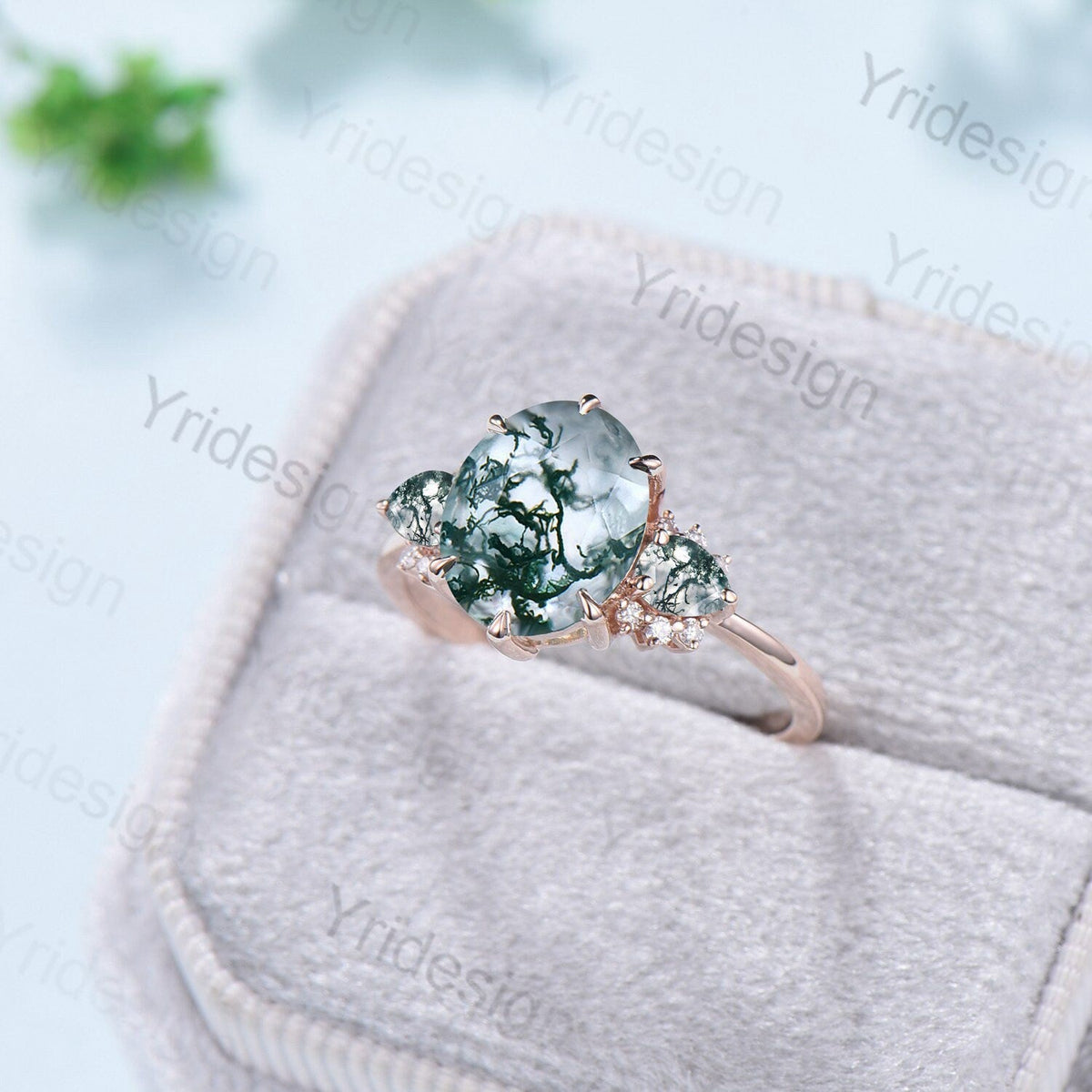 8x10mm Big Moss Agate Engagement Ring Cluster Pear Green Agate Wedding Ring Vintage 6 Prongs Art Deco Moissanite Band Aquatic Stone Jewelry