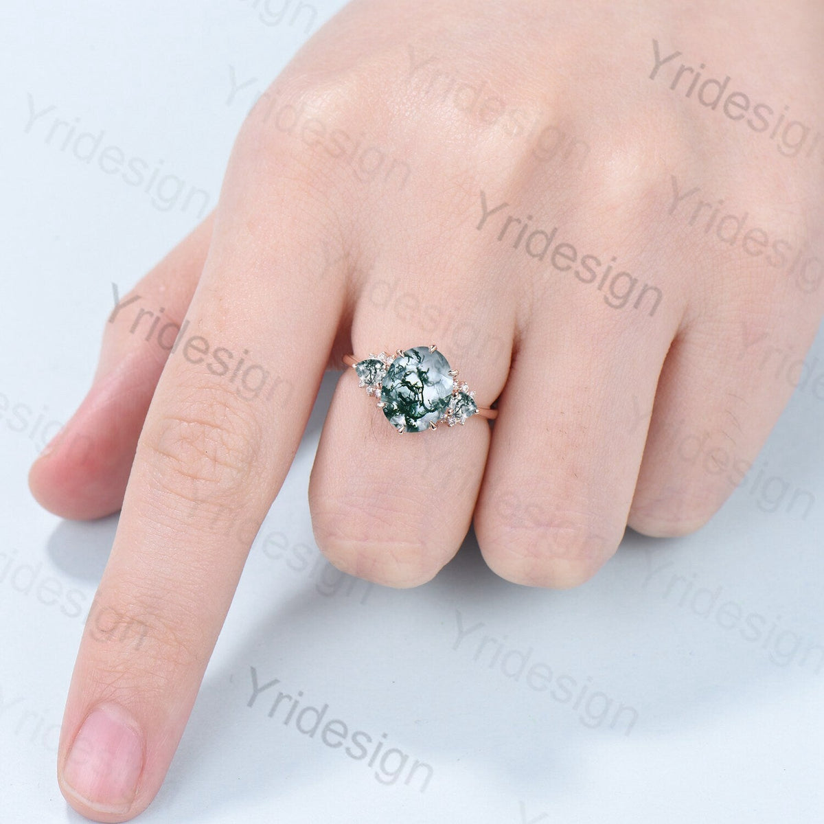 8x10mm Big Moss Agate Engagement Ring Cluster Pear Green Agate Wedding Ring Vintage 6 Prongs Art Deco Moissanite Band Aquatic Stone Jewelry