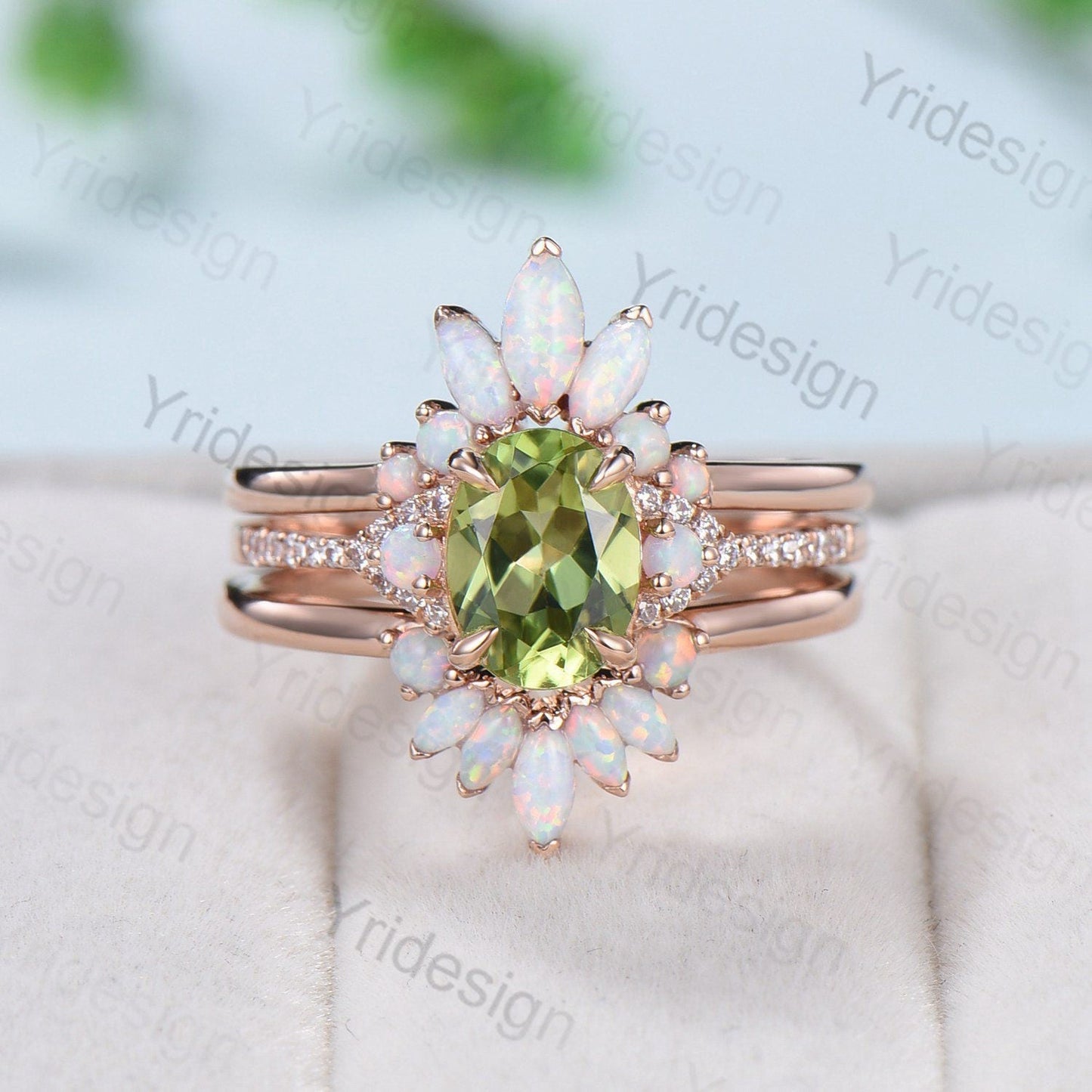 Vintage Peridot Engagement Ring Set, Opal Rose Gold Art Deco Wedding Rings