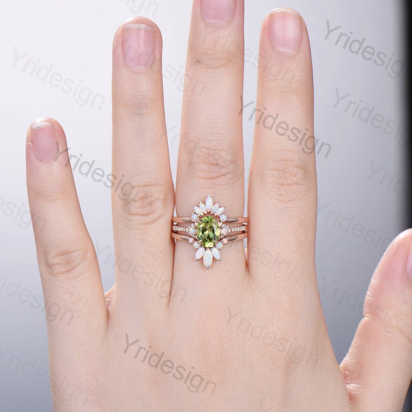 Vintage Peridot Engagement Ring Set, Opal Rose Gold Art Deco Wedding Rings