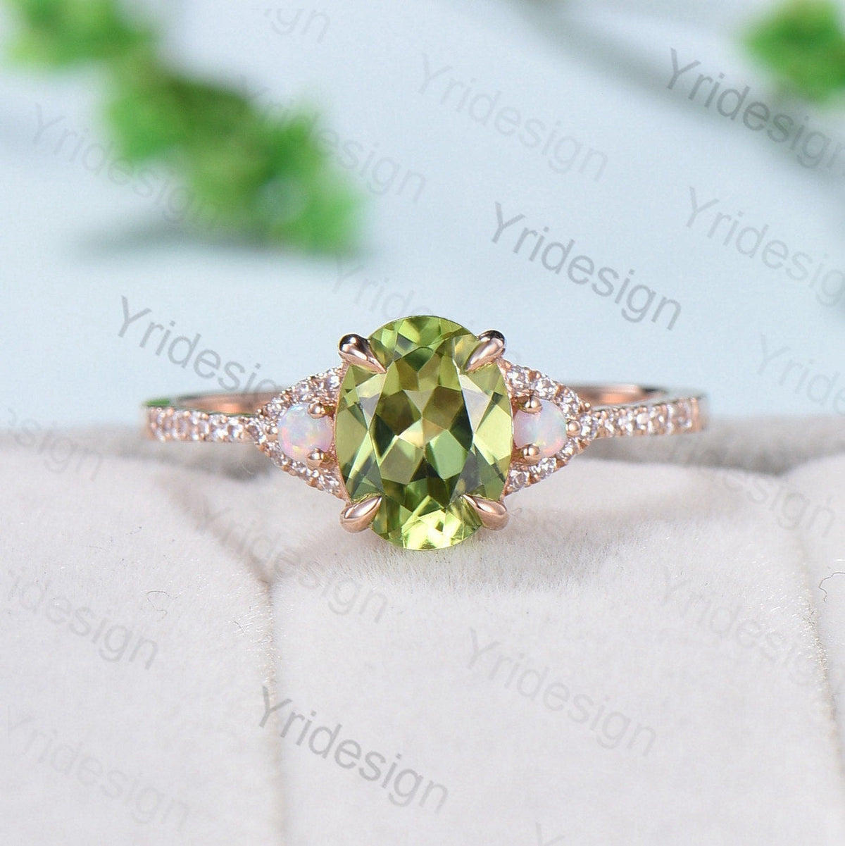 Vintage Peridot Engagement Ring Set, Opal Rose Gold Art Deco Wedding Rings
