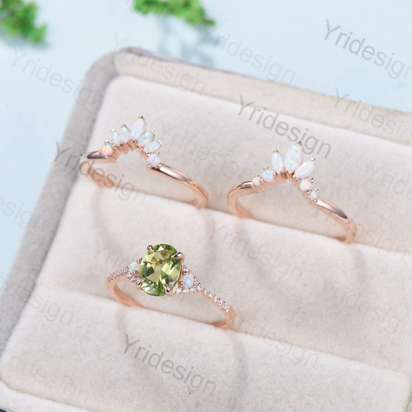 Vintage Peridot Engagement Ring Set, Opal Rose Gold Art Deco Wedding Rings