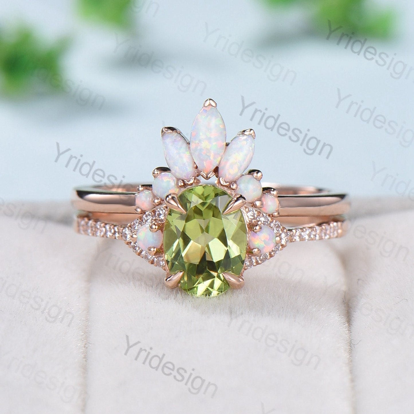 Vintage Peridot Engagement Ring Set, Opal Rose Gold Art Deco Wedding Rings