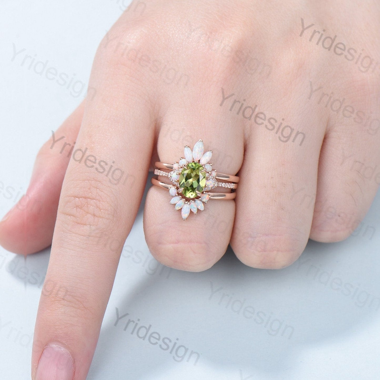 Vintage Peridot Engagement Ring Set, Opal Rose Gold Art Deco Wedding Rings