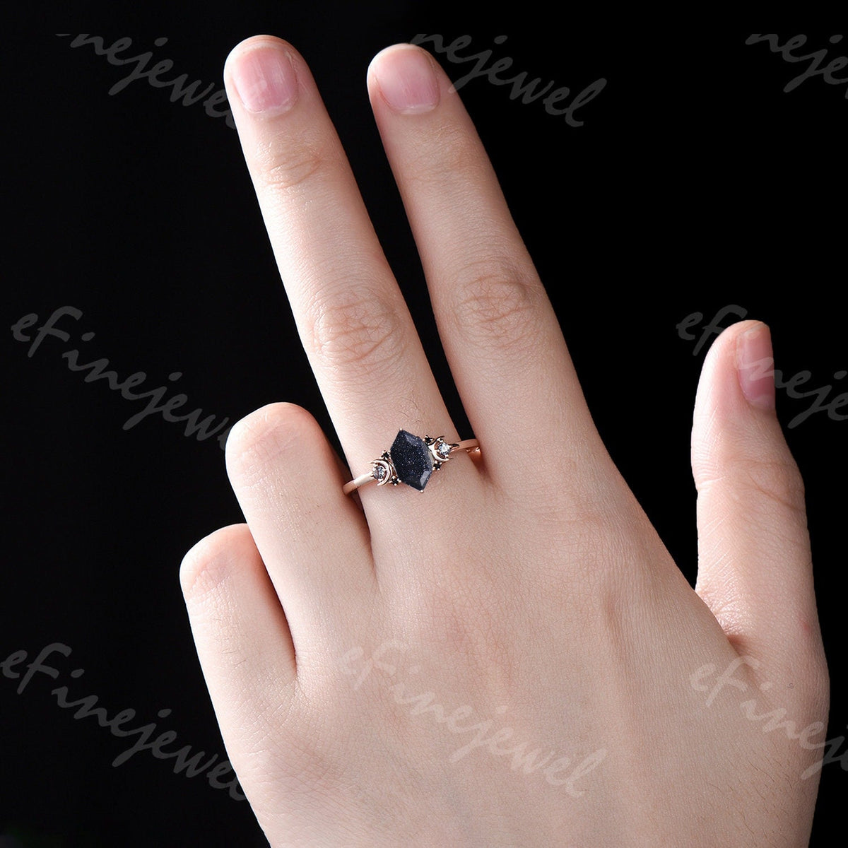 Hexagon Blue Sandstone Ring, Crescent Moon Goldstone, Black Spinel
