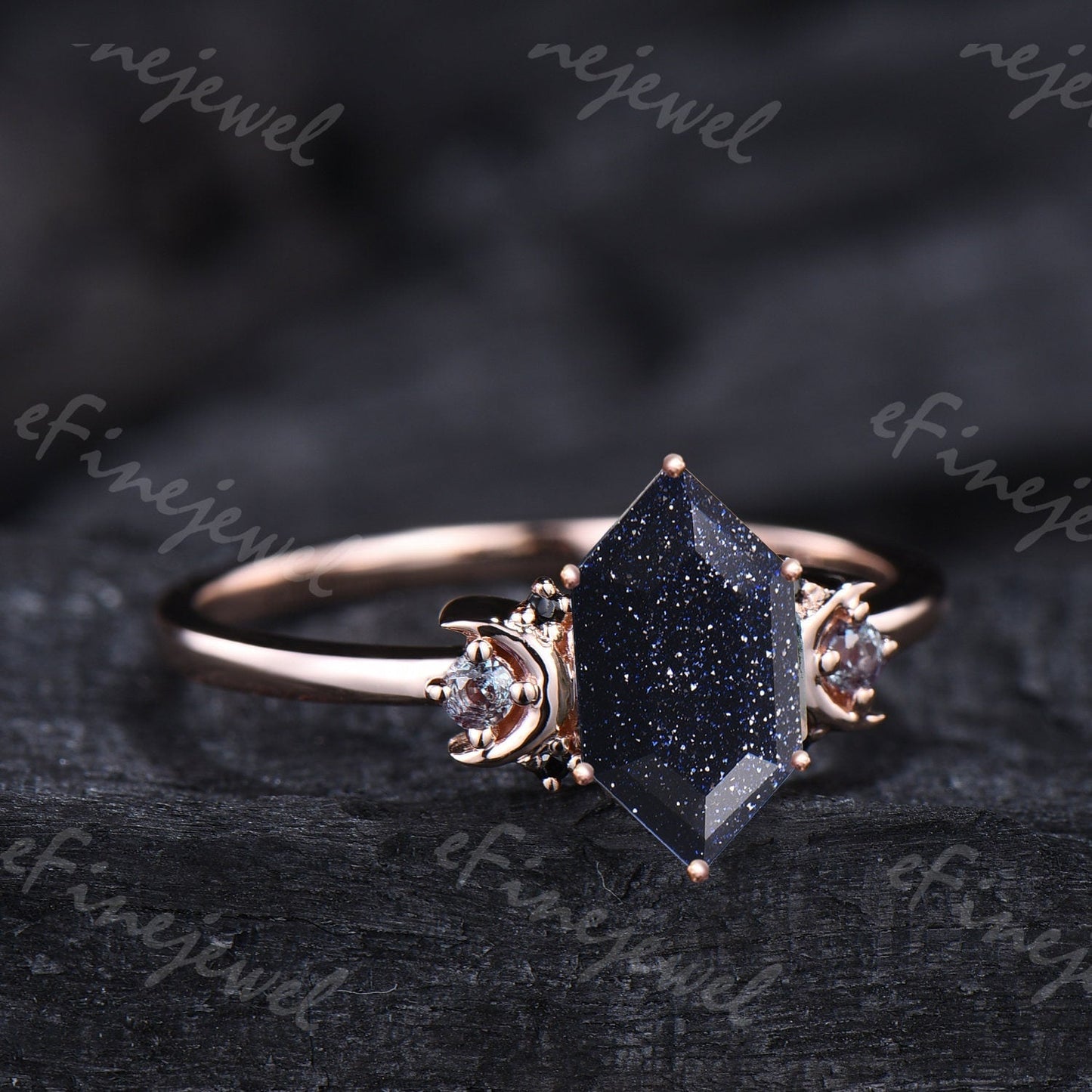 Hexagon Blue Sandstone Ring, Crescent Moon Goldstone, Black Spinel