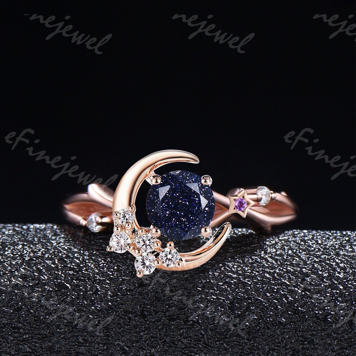 Blue Sandstone Engagement Ring, Moon Star Amethyst Wedding Ring