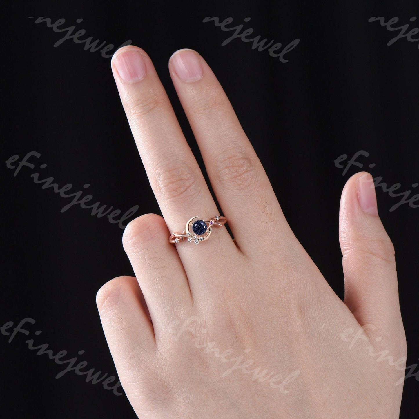 Blue Sandstone Engagement Ring, Moon Star Amethyst Wedding Ring