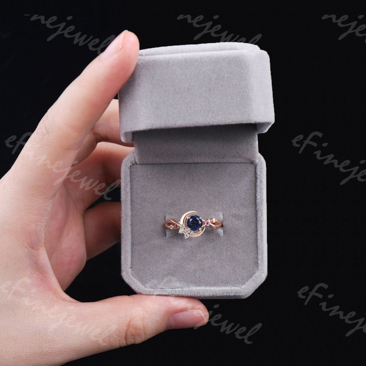 Blue Sandstone Engagement Ring, Moon Star Amethyst Wedding Ring