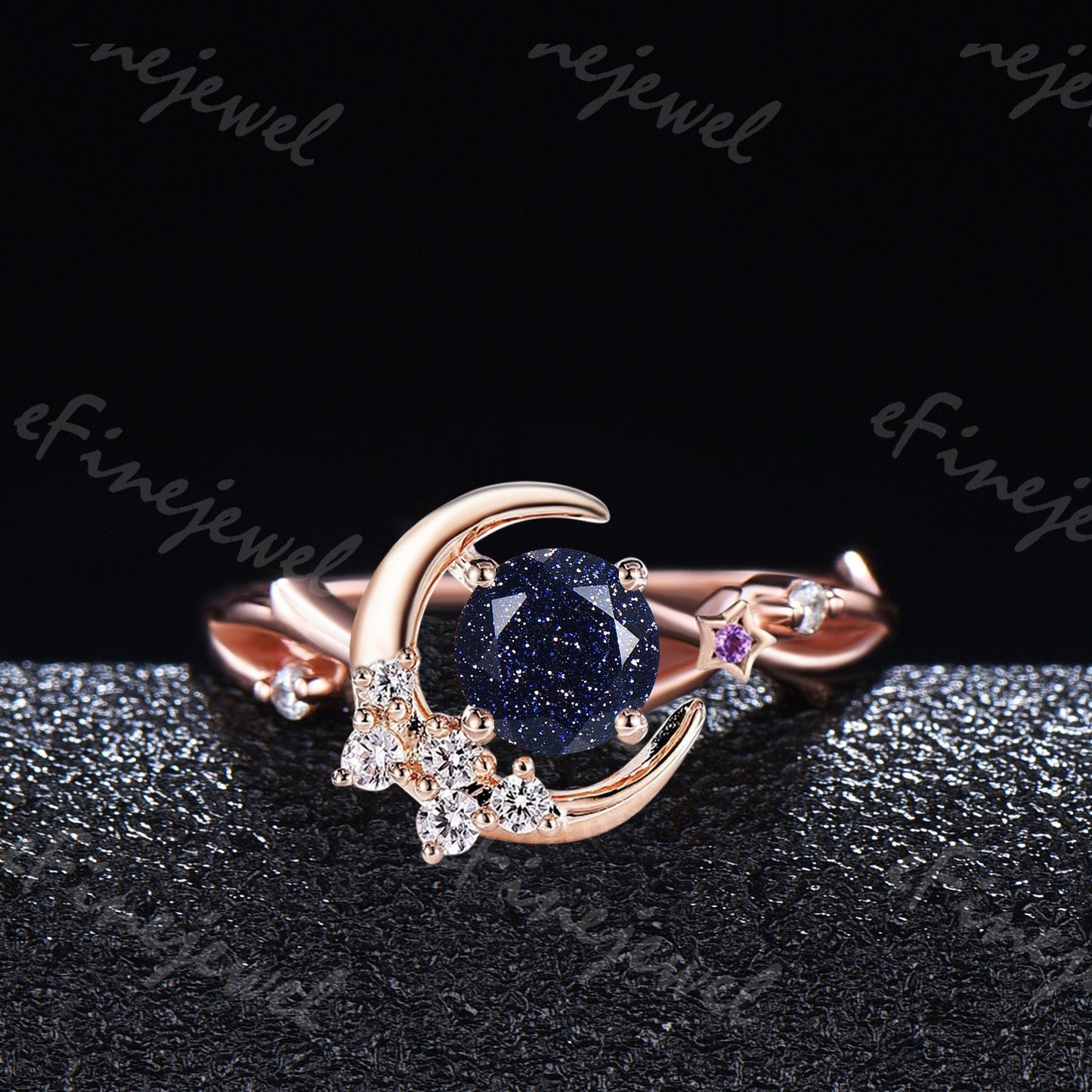 Blue Sandstone Engagement Ring, Moon Star Amethyst Wedding Ring
