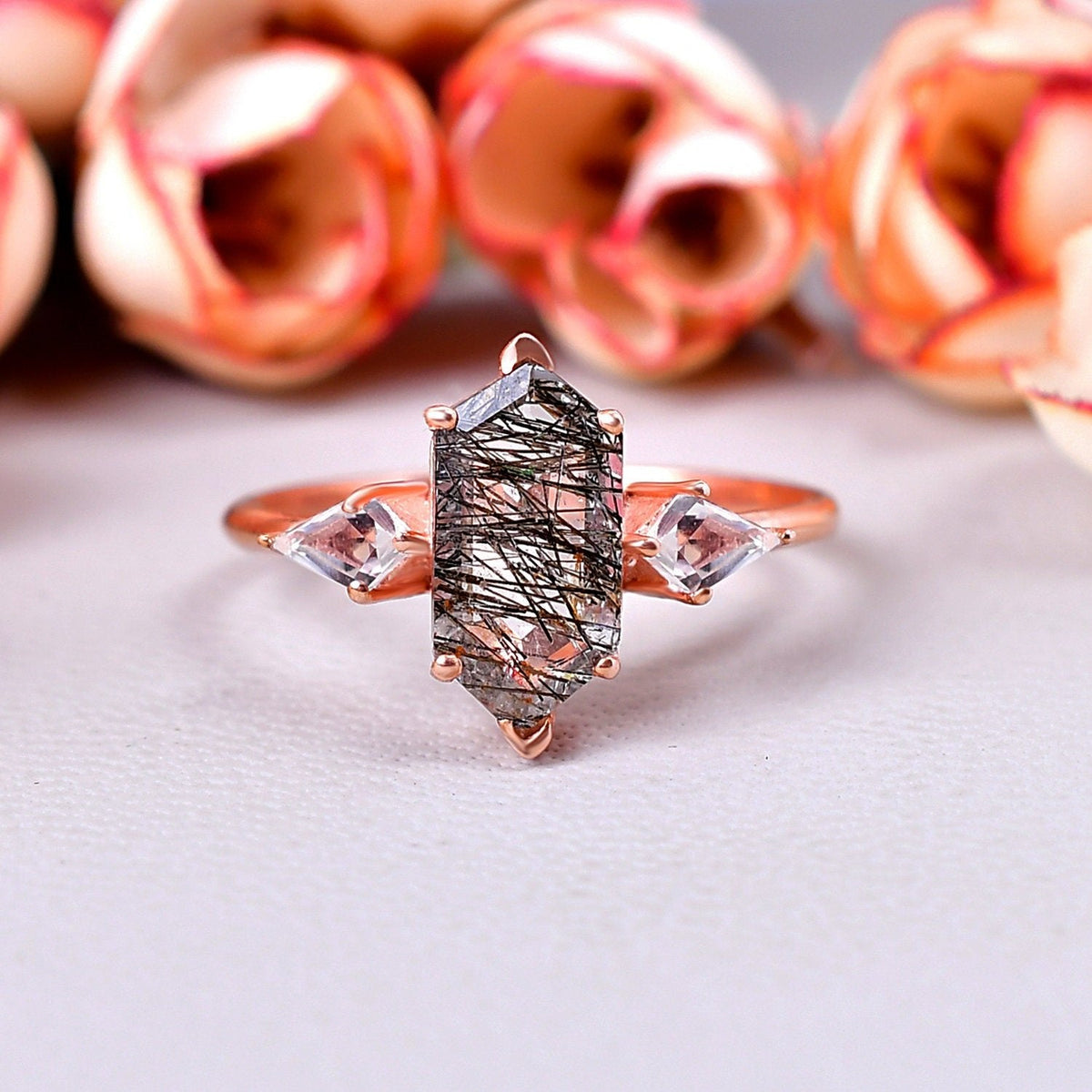 Hexagon Black Rutile Quartz Engagement Ring