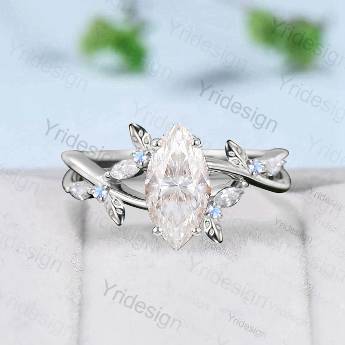Natural Inspired Marquise Moissanite Ring Unique Leaves Branch Moissanite Engagement Ring Cluster Moonstone Split Shank Twig Wedding Ring