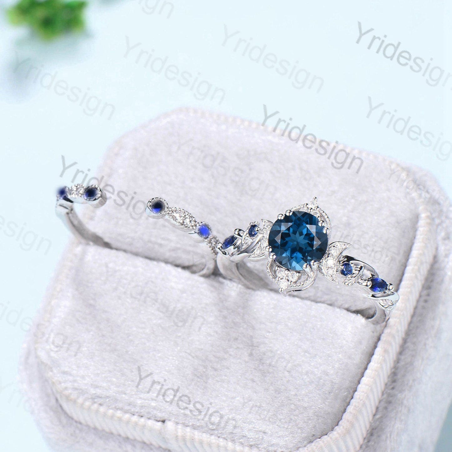 Crescent Moon London Blue Topaz Engagement Ring Set Unique Nature Inspired Wedding Ring Art Deco Open Gap Sapphire Bridal Ring Set for Women
