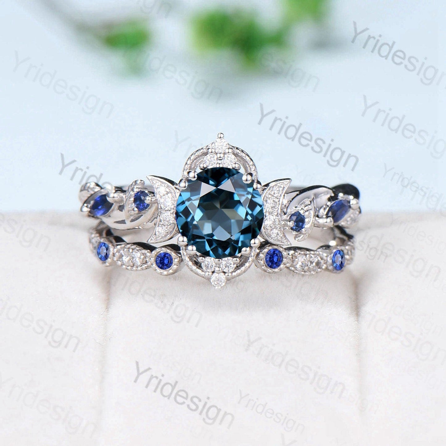 Crescent Moon London Blue Topaz Engagement Ring Set Unique Nature Inspired Wedding Ring Art Deco Open Gap Sapphire Bridal Ring Set for Women