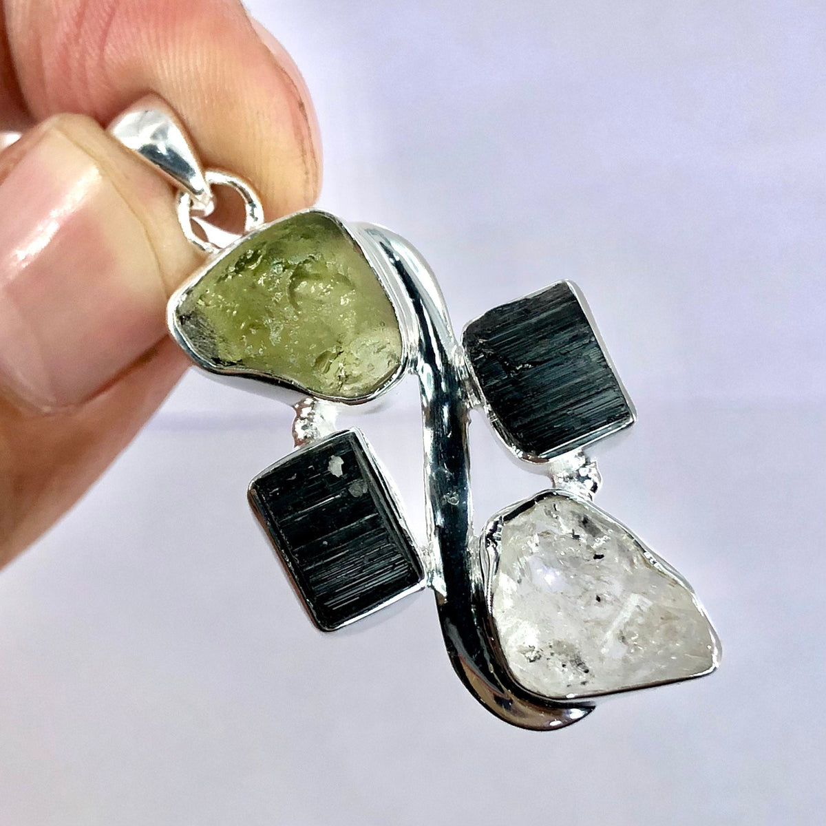 Moldavite Pendant, Black Tourmaline, Moldavite, Herkimer Diamond Pendant, Sterling Silver Pendant, Handmade Pendant, Natural Moldavite