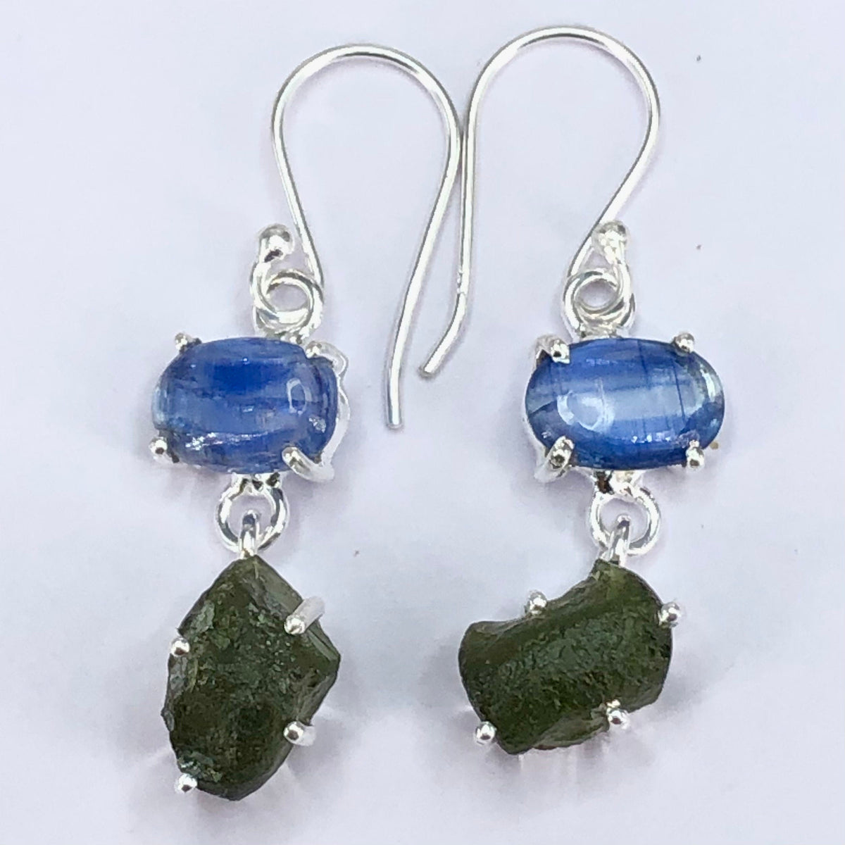 Natural Moldavite Rough Blue Kyanite oval Earrings Gemstone From Czech Republic 925 Solid Sterling Silver Handmade Designer Jewelry
