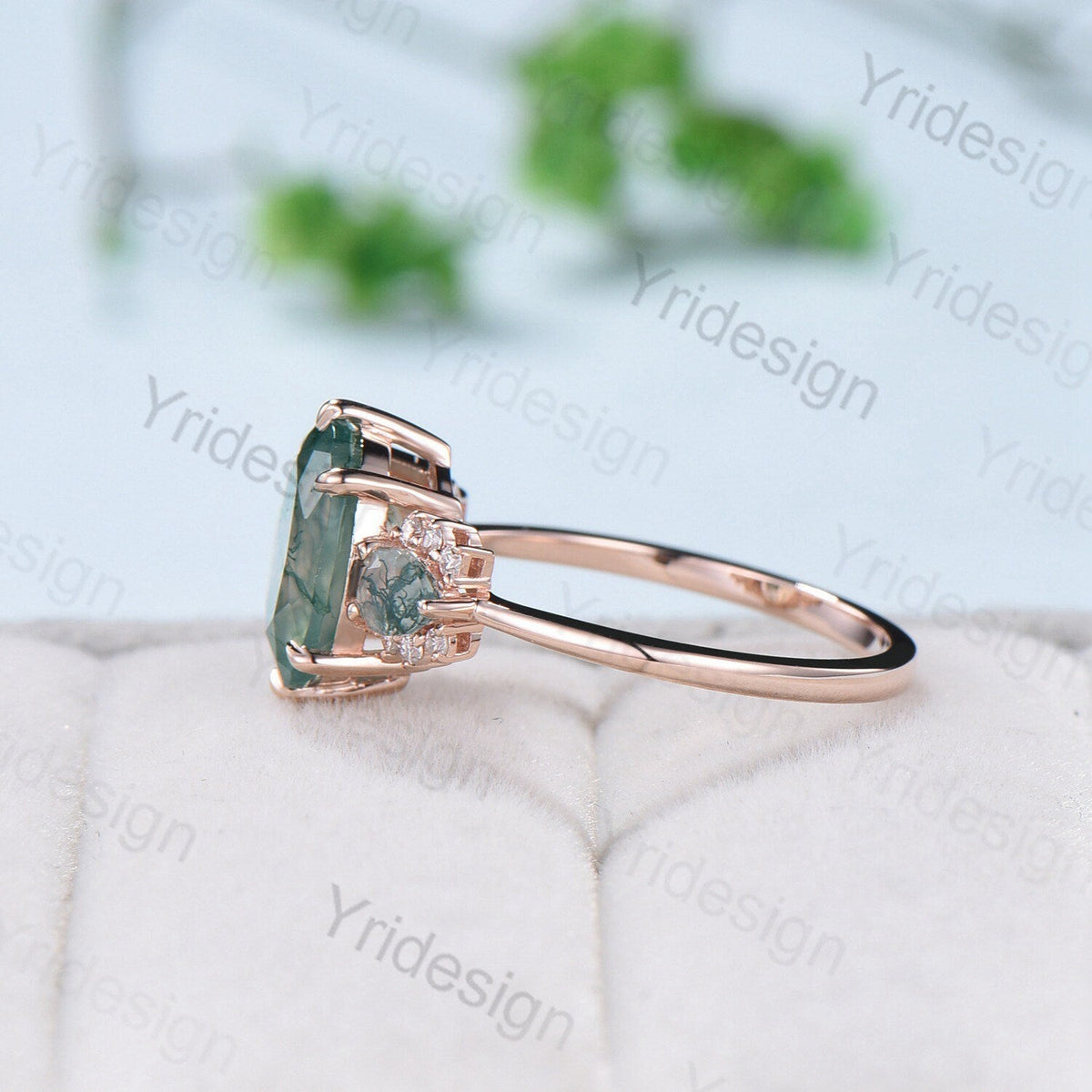 8x10mm Big Moss Agate Engagement Ring Cluster Pear Green Agate Wedding Ring Vintage 6 Prongs Art Deco Moissanite Band Aquatic Stone Jewelry