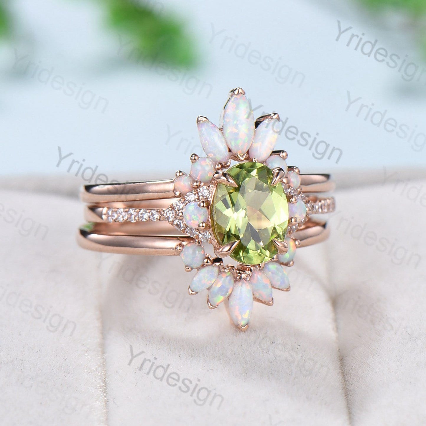 Vintage Peridot Engagement Ring Set, Opal Rose Gold Art Deco Wedding Rings