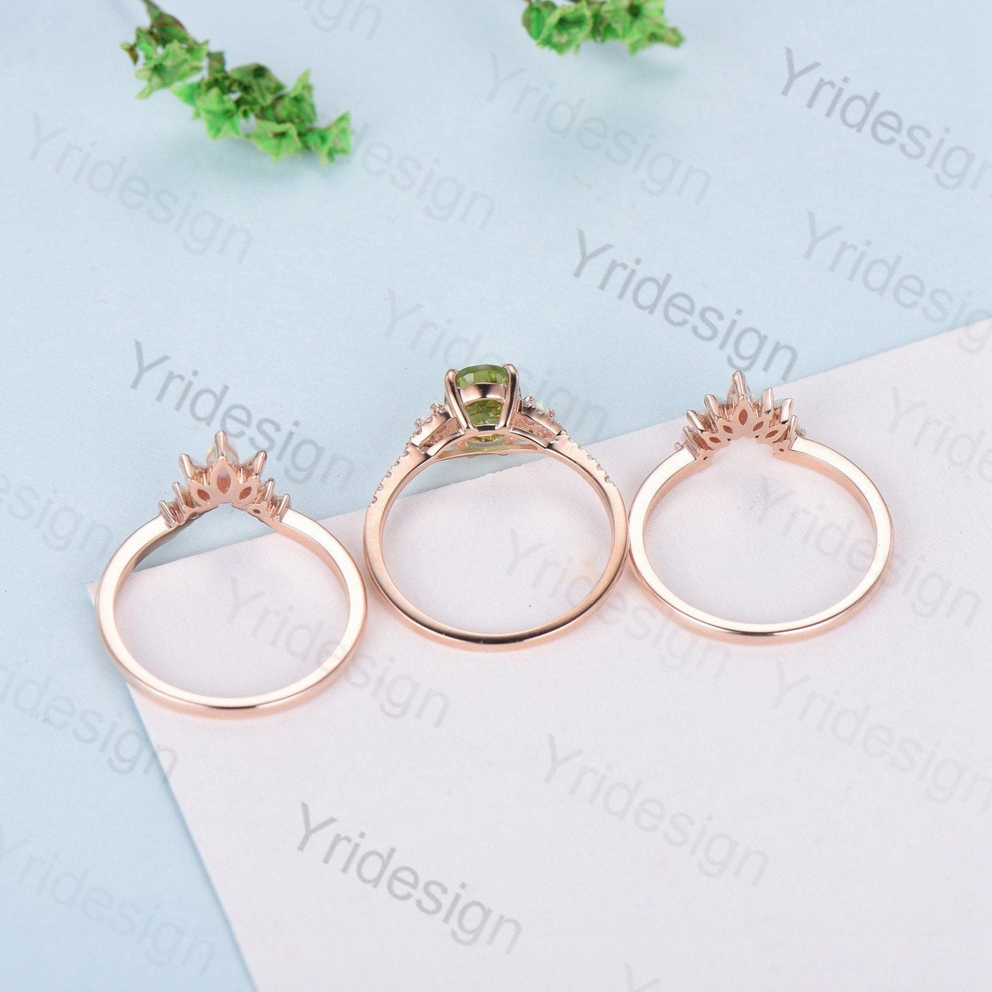 Vintage Peridot Engagement Ring Set, Opal Rose Gold Art Deco Wedding Rings