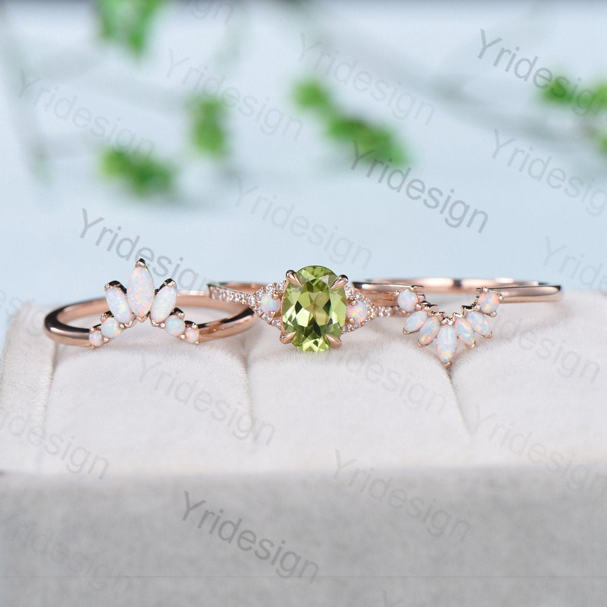 Vintage Peridot Engagement Ring Set, Opal Rose Gold Art Deco Wedding Rings