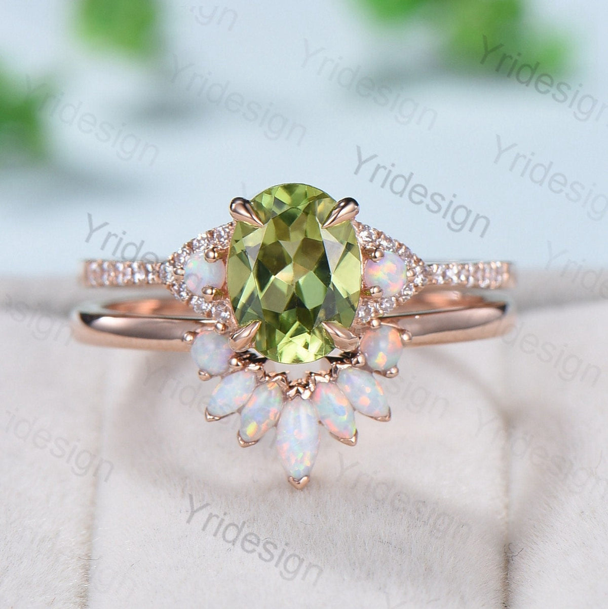 Vintage Peridot Engagement Ring Set, Opal Rose Gold Art Deco Wedding Rings