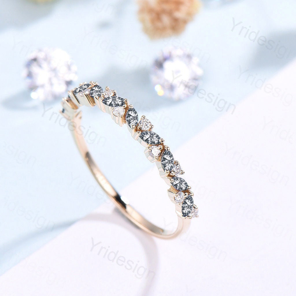 Vintage Black Rutilated Quartz Wedding Band Marquise cut yellow gold wedding ring Unique Stacking matching ring Bridal ring Anniversary gift